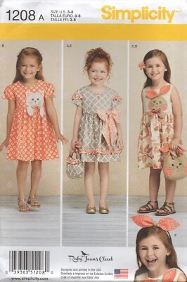 Simplicity Sewing Pattern 1208 Dresses Age 3-8 with Applique, Bag & Headband New - Image 1 of 4