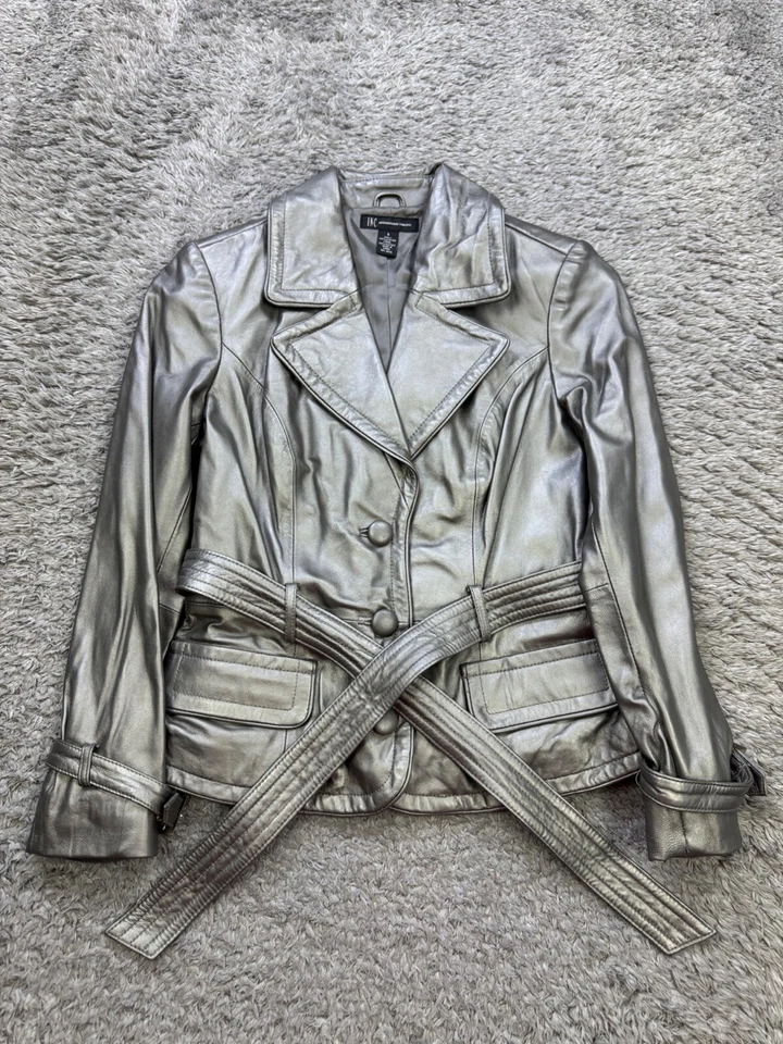 INC International Concepts Leather Jacket Women Small Silver Belted Vented Coat - Image 1 of 4