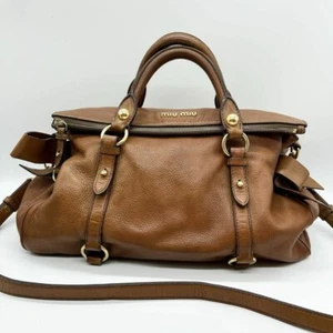 Miu Miu VitelloLux Ribbon 2WAY Handbag Shoulder Tote Bag Brown Leather Used - Picture 1 of 9