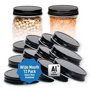 Rust-Proof Wide Mouth Aluminum Metal Mason Jar Lids Leak-Proof 12-Pack (Black) - Picture 1 of 7