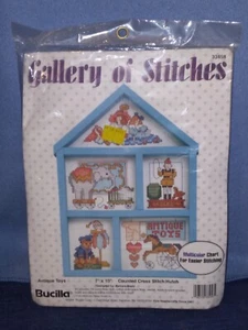Bucilla Antique Toys Cross stitch Kit w/Wood Hutch 7"x10" Elephant Dolls Nursery - Picture 1 of 5