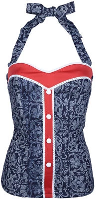 Küstenluder «ROSY ORNAMENT» Vintage Floral Denim Pin Up Ruffle TOP Rockabilly