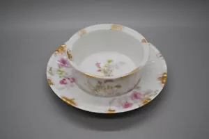 CF Haviland Limoges Ramekin Custard Cup & Saucer Embossed Ridges & Pink Flowers - Picture 1 of 12