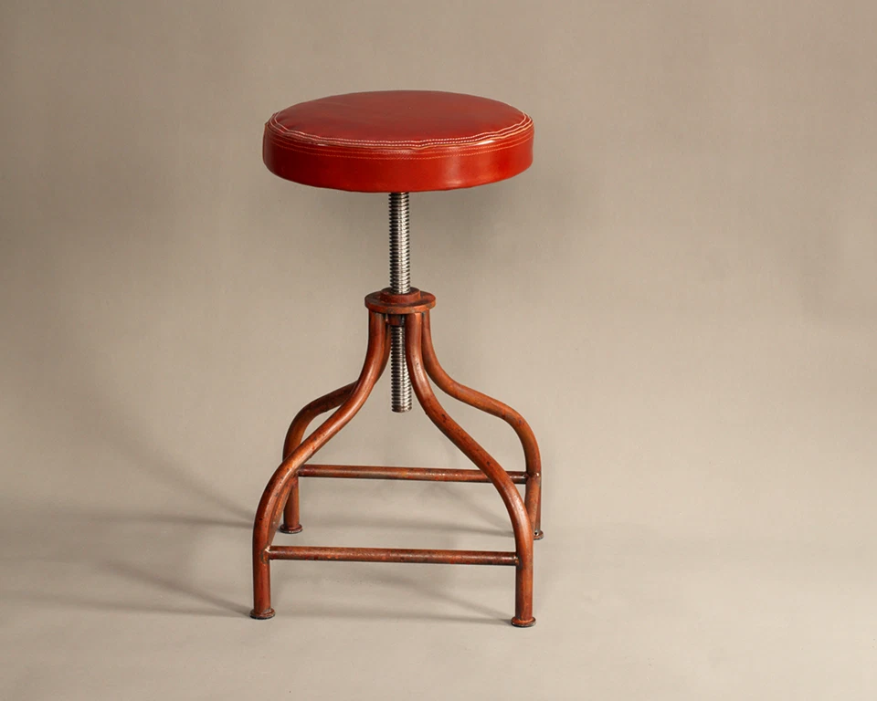 Bar stool, handmade, rusted steel,natural leather seat, adjustable height - Image 1 of 4