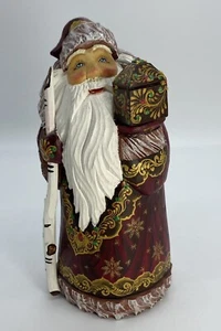 Russischer Weihnachtsmann mit Gehstock Holz handgeschnitzt handbemalt Väter Frost signiert - Bild 1 von 14