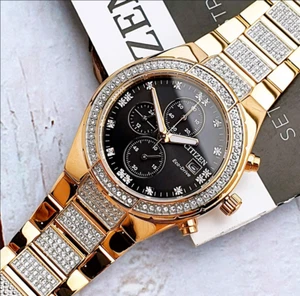 Citizen Black Dial Eco-Drive CA0753-55E Crystal Rose Gold Tone Men's Watch - Picture 1 of 6