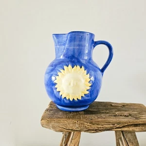 Vintage 90s Majolica Sun Face Relief Retro Celestial Boho Ceramic Pitcher Star - Picture 1 of 21