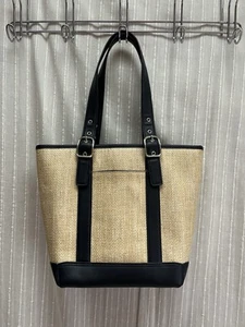 St John's Bay Basketweave Tote Beige Dark Navy Blue Trim Handbag - Picture 1 of 13