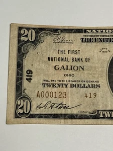 1929 $20 GALION, OHIO Ch #419 Serial 123! First NB National Currency Bank Note - Picture 1 of 3