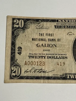1929 $20 GALION, OHIO Ch #419 Serial 123! First NB National Currency Bank Note - Image 1 of 3