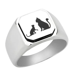 Two Cats Stainless Steel Signet Ring Engraved, Stainless Steel Men's Signet M... - Picture 1 of 4