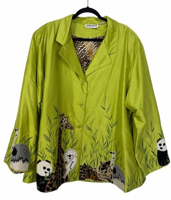  Vintage Anage 90’s Jacket Blazer Silk Embroidered Jungle Safari Animals 3X  - Image 1 of 4
