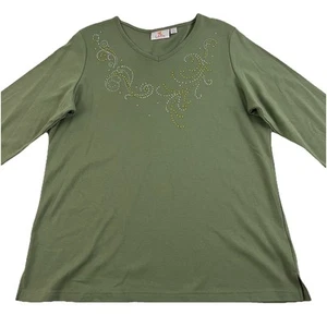Quacker Factory Women’s Large Rhinestone Green 3/4 Sleeve Knit Top New 9228 - Picture 1 of 6