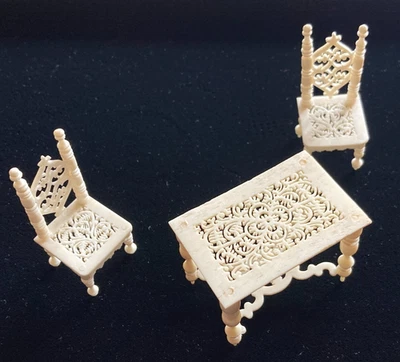 Artisan Dollhouse Miniature Carved Bone Table & Chairs - Image 1 of 4