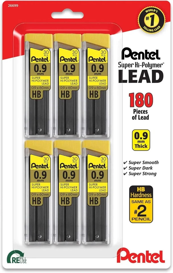 PENTEL OF AMERICA, LTD. Pentel Refill Super Hi-Polymer Lead (0.9mm) HB 30pc tube 6pk