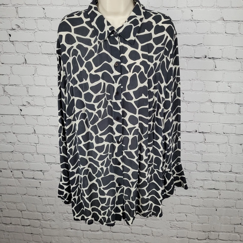 INC 黑色 100% 真丝动物印花纽扣长袖衬衫 22W 码 — 第 1/4 张图片