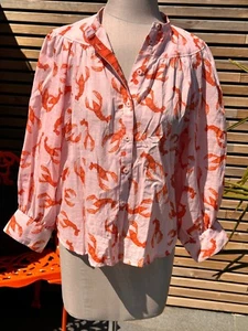 Maeve by Anthropologie Lobster Print Pink Cotton Shirt Top Labelled Small - Picture 1 of 8