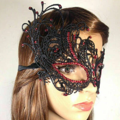 Women Diamante Black Lace Face Eye Mask Venetian Cosplay Halloween Masquerade - Image 1 of 4