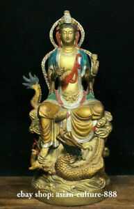 11" Tibet Buddhism Temple Bronze Painting Guan Yin Avalokiteshvara Dragon Statue