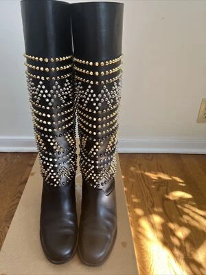 Christian Louboutin Rom Chic Spike Cuero Negro Hasta la Rodilla Botas 39/9 Foto 1 de 4