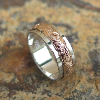 Hawaiian Silver Pink Rose Gold Plated Scroll Wedding Double Ring Band 6mm SR3346 - Image 1 of 4