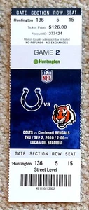 BIGLIETTO INDIANAPOLIS COLTS V CINCINNATI BENGALS 2010 - MANNING ULTIMA STAGIONE COME NUOVO! - Foto 1 di 1