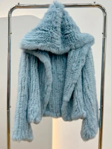 Women Real Rabbit Coat 100%Natural Fur Jacket Loose Quality Streetwear Hooded - Picture 1 of 28