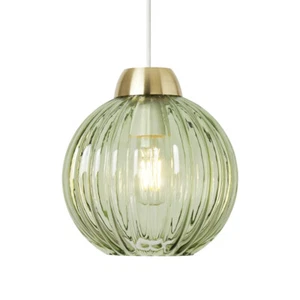 Litecraft Clara Light Shade Green Glass Ribbed Easy Fit Lampshade - Satin Brass - Picture 1 of 7