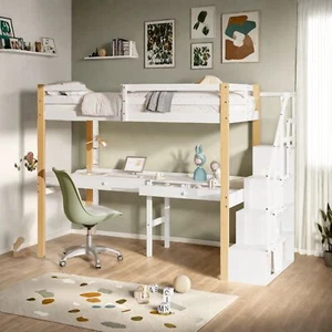 90x200cm Kinderhochbett mit Stauraumtreppe Massivholz Etagenbett Schreibtisch - Bild 1 von 12