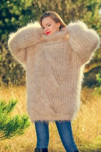 SuperTanya Marfil Beige Mohair Difuso Suéter Con Abertura En La Parte Delantera XL-XXL - Imagen 1 de 10