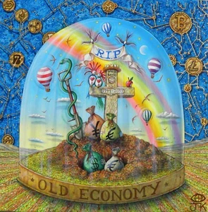 Joseph KALIHER (Texas 1970) Surreal OLD ECONOMY SOUVENIR OIL on CANVAS cm 50x50 - Foto 1 di 10