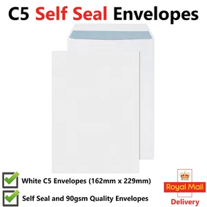 Premium C5 White Envelopes Plain Envelopes Self Seal 90gsm 229mm x 162mm - Picture 1 of 11
