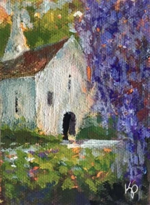 ACEO ATC Art Print “Wisteria Chapel” Church Garden Artist Trading Card Signed - Picture 1 of 1