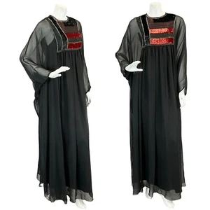 VTG 70S BLACK MESH FLOATY KAFTAN RED SEQUIN BEADED EMBELLISHED BIB MAXI DRESS 14 - Picture 1 of 11