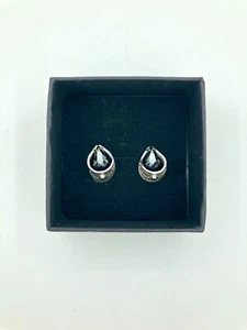 Vintage Silver Tone Earrings - Black Gemstone - Stud Post Teardrop Elegant - Picture 1 of 5