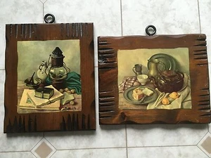 Hank Bog pot kettle lantern rustic Set 2 Laminated Pictures Wood Plaque Vintage - Picture 1 of 7