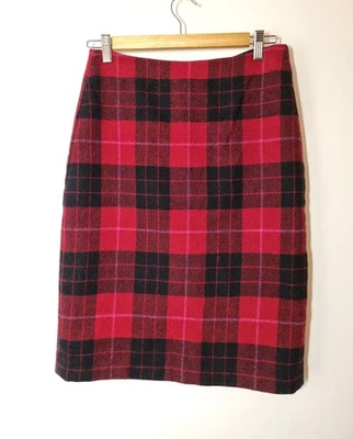 Falda Hobbs Moon Tweed Talla 10 Cintura 28 en Rojo Rosa Negro Cuadros Lana Lápiz Foto 1 de 4