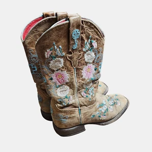 Macie Bean Boots Girls Brown Embroidered Floral Garden Cowgirl Leather Size 2 - Picture 1 of 9
