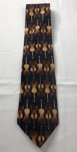 Unicef men's 100% silk tie navy/brown violins made in U.S.A. - Picture 1 of 7