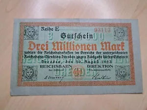 Notgeld Reichsbahn 3 Millionen Reichsmark Inflationsgeld - Bild 1 von 8