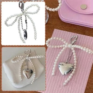 Y2K Fashion Pearl Ribbon Bowknot Keychain Handmade Cell Beaded Phone Chain E8F3 - Zdjęcie 1 z 10