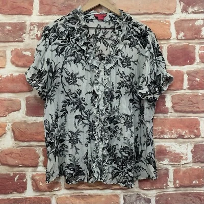 VTG Sunny Leigh Top Shirt Womens 1X White Black Floral Abstract Crinkle Popover - Image 1 of 4