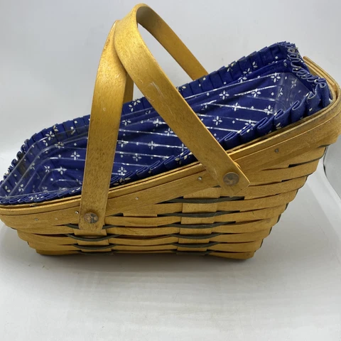 Longaberger Angled Basket With Blue & White Liner + Plastic liner 45101 Vtg 1997 Cover