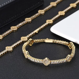 Four-leaf Clover Tennis Chain For Men Women Bracelet Iced CZ Out 14K Gold Plated - Picture 1 of 17
