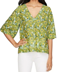 ROLLER RABBIT ZANNA BOX TOP 100% COTTON FLORAL & GEOMETRIC GREEN YELLOW SIZE S - Picture 1 of 5