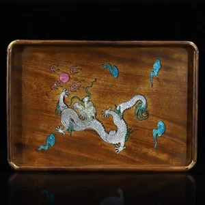35 cm China natural Rosewood plate tray inlay shell Animal dragon Wood tea tray - Picture 1 of 8