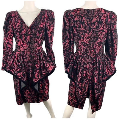 Vestido Vintage Lillie RUBIN 80 Terciopelo Negro y Púrpura Peplum Natache Nueva York Foto 1 de 4