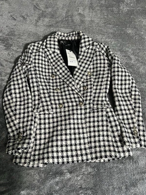 Blazer Zara Doble Pecho Negro Blanco Tweed Pata de Gallo Chaqueta Elegante Foto 1 de 4