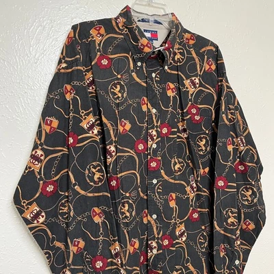 Camisa masculina Tommy Hilfiger XL preta veludo equestre Horsebit vintage - Imagem 1 de 4