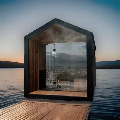 Sauna de madera rústica exterior abeto carbonizado 6 personas porche delantero/calentador 9kw Foto 1 de 4